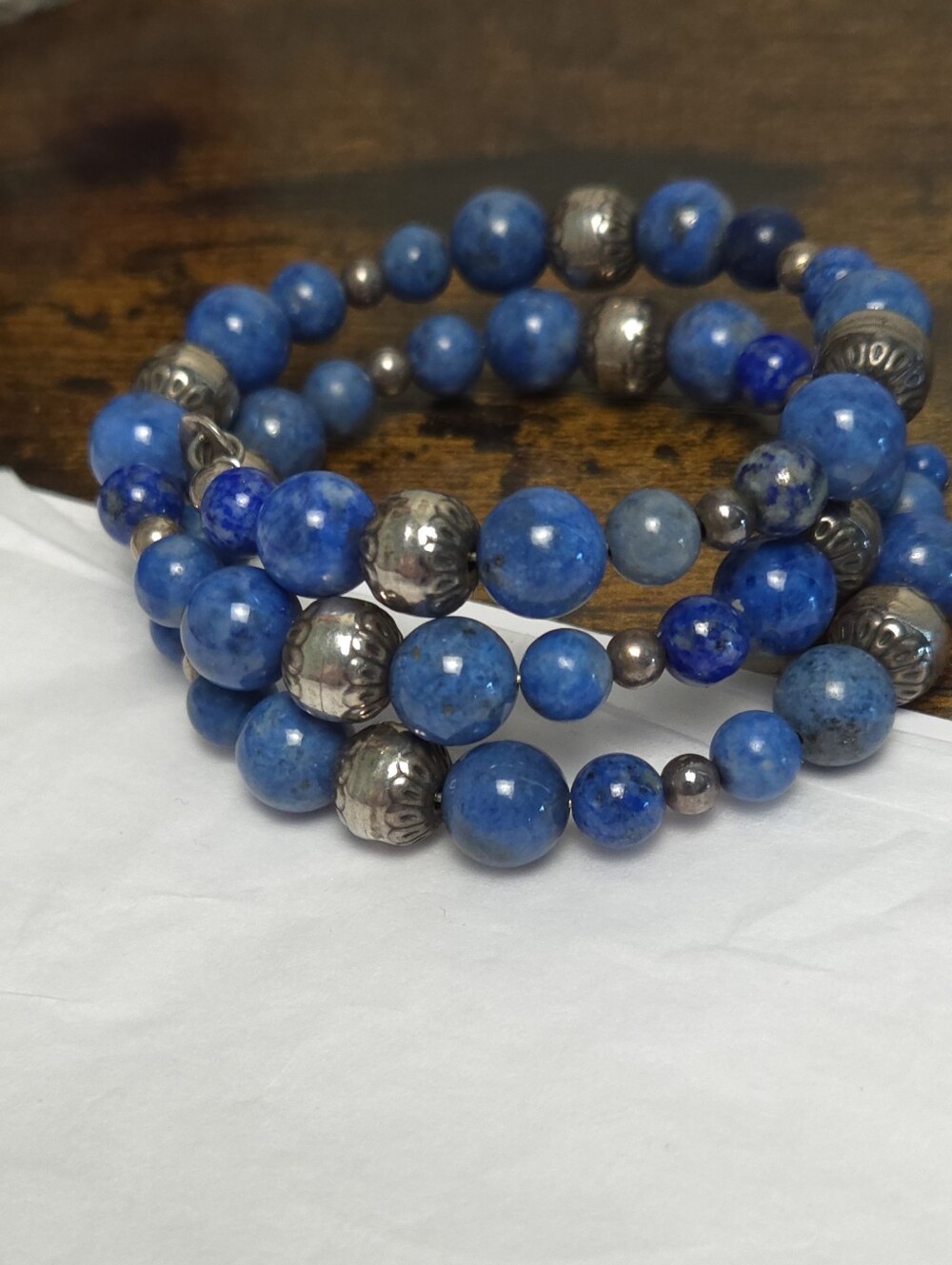 Vintage Lapis Lazuli Stone & Sterling Silver Beaded Wrap Bracelet Carlise CP 925 - Picture 10 of 13